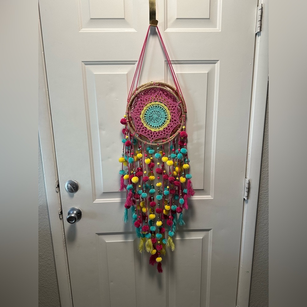 Boho Crochet Dreamcatcher Wall Hanging in Pink, Teal & Yellow
